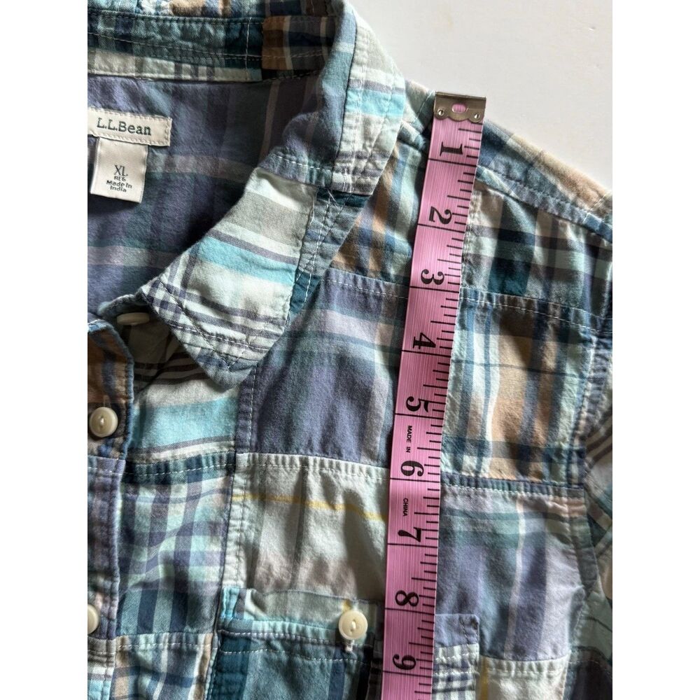 LL Bean Madras Plaid Button Shirt Patchwork Roll Tab Sleeve Country Cottage XL - Picture 13 of 16